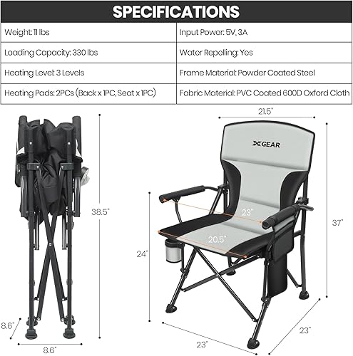 Miniatura 2 de XGEAR Silla de campamento con calefacción de gran tamaño para adultos, 3 niveles de calor, respaldo y asiento con calefacción, silla de campamento,