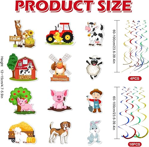 Miniatura 2 de Whaline 44 remolinos colgantes de animales de granja, remolinos colgantes para decoración de techo de fiesta temática de granja, remolinos coloridos