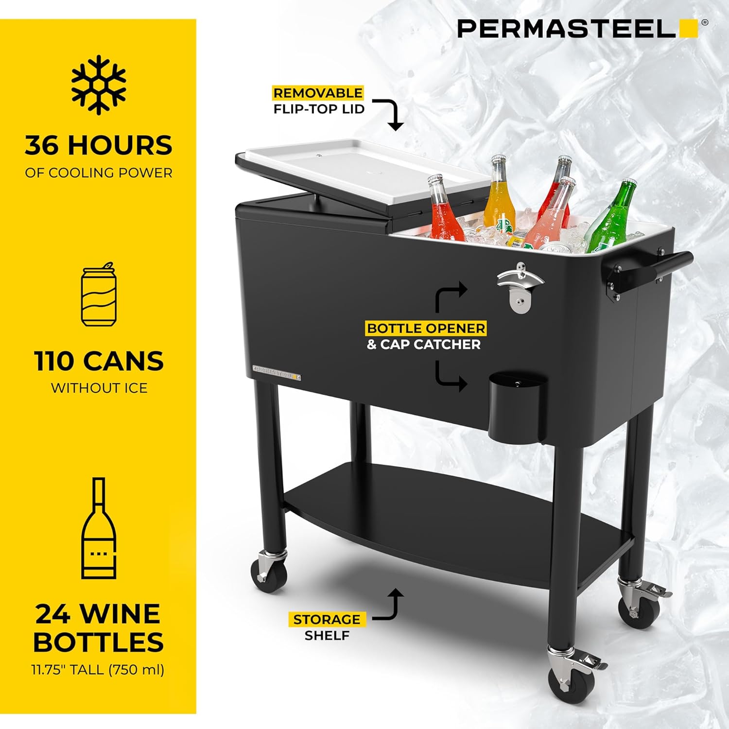Permasteel Party Cooler with Divider, Spacious 80-Qt Capacity, Chills 36hrs, Serving Tray, Rolling Ice Chest for Indoor and Outdoor Entertainment
