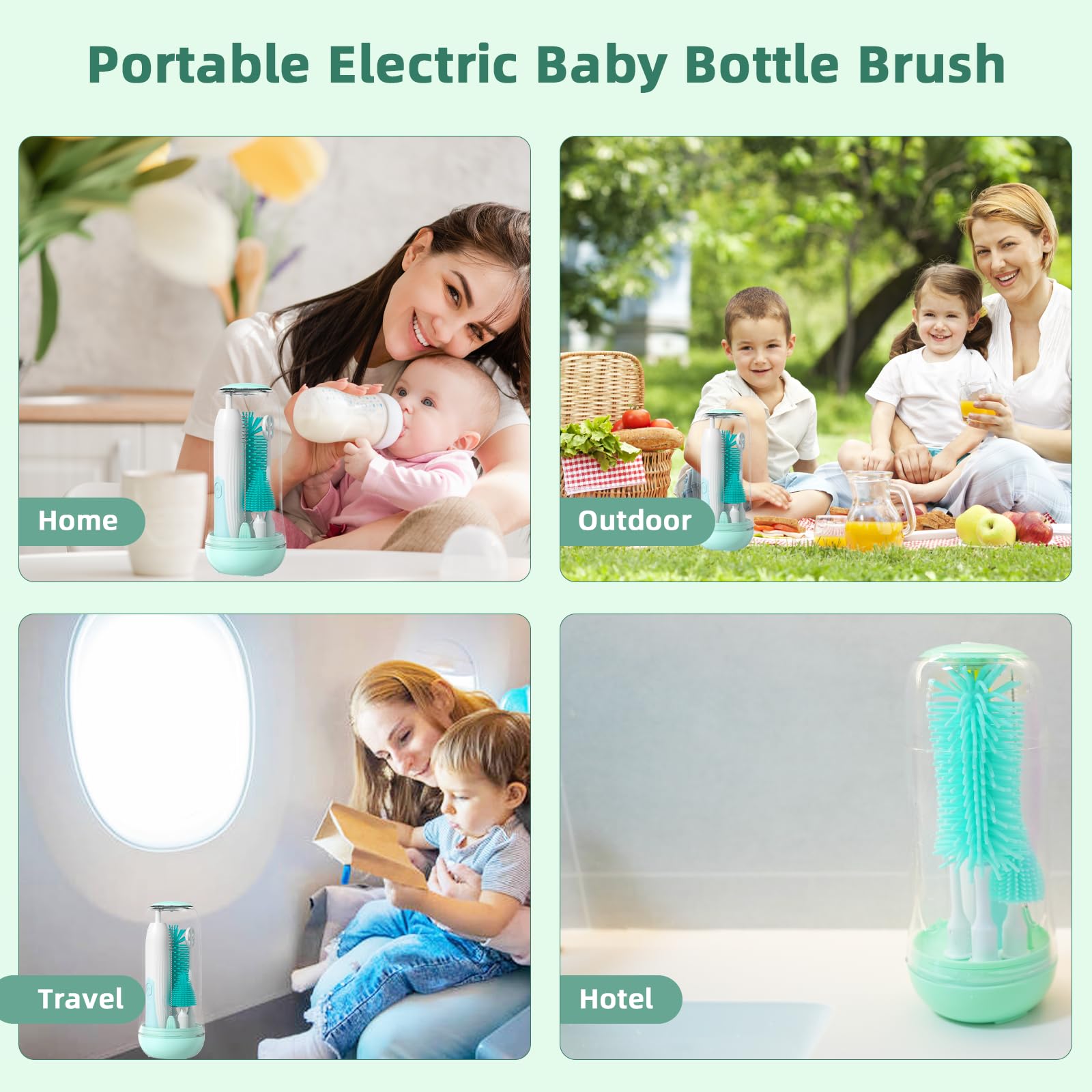 Limpiador eléctrico para biberones, cepillo eléctrico para biberones para viajes con cepillos de silicona reemplazables, cepillo para pezón y pajita, juego de cepillos para biberones con estante de