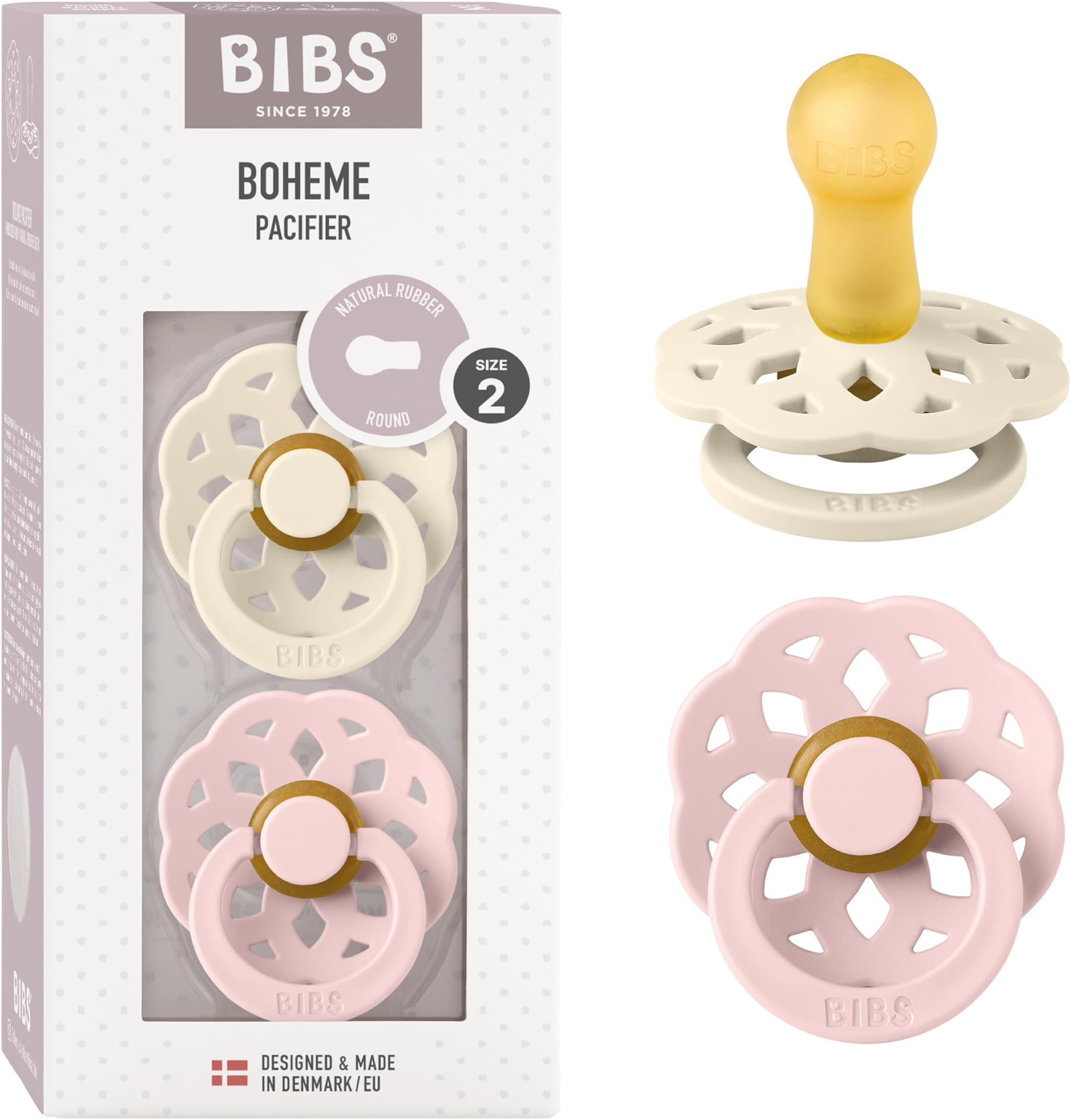 Boheme Natural Rubber Latex Round Pacifier Size 2-6-18M 2-Pack - Ivory/Blossom