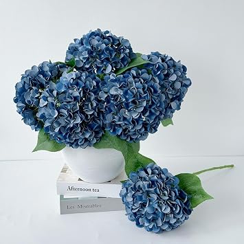 ZYTUYO 5 Pcs Dark Blue Silk Hydrangeas Artificial Flower Boho Dried Touch 20 Faux Hydrangeas for Fall Indoor Home Decor Kitchen Living Room Outdoor Porch Wedding Flower Arrangement