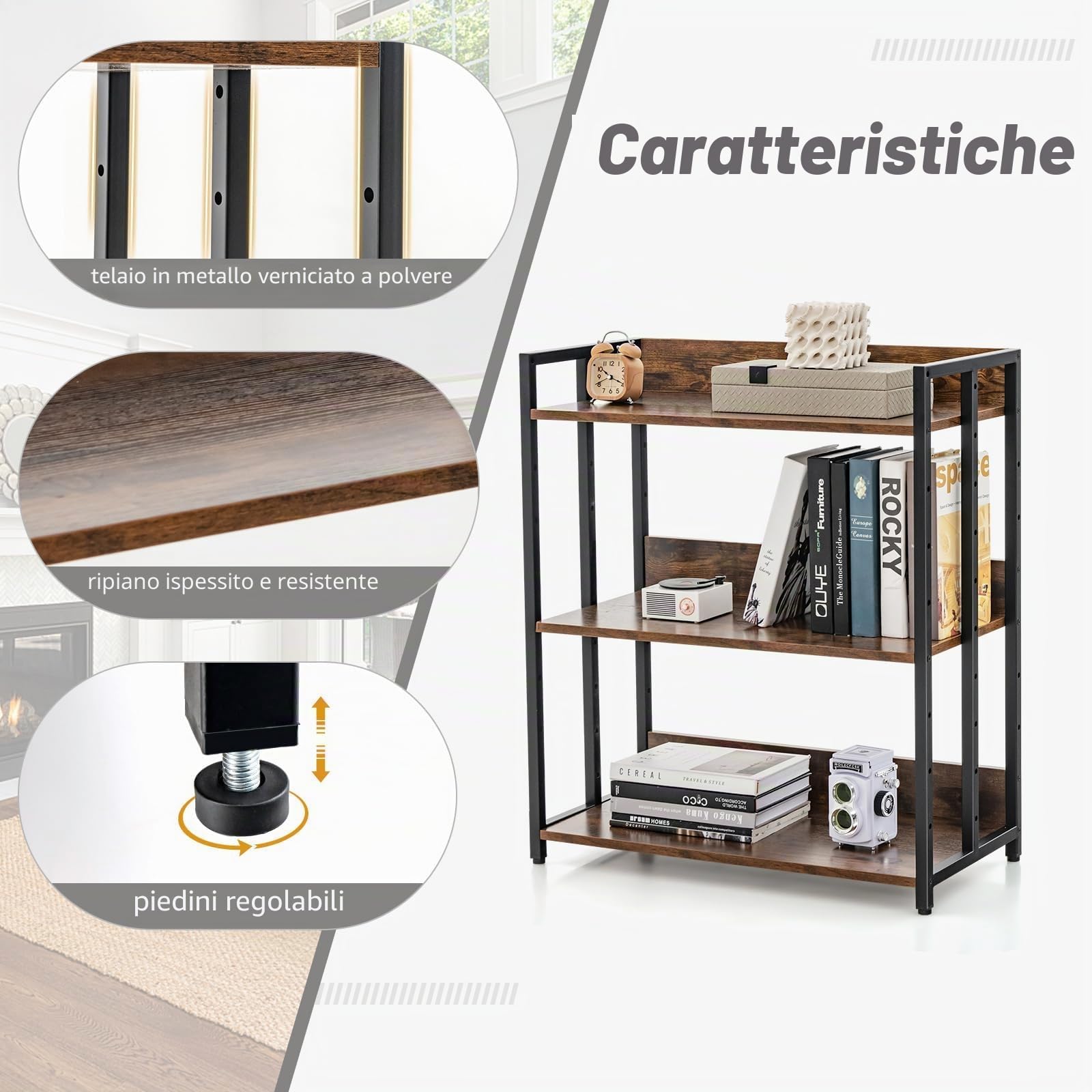 FANTASK Scaffale portaoggetti con telaio in metallo e ripiani regolabili, scaffale a 3 ripiani, libreria per studio, soggiorno e cucina, 70 x 35 x 81 cm (marrone rustico)