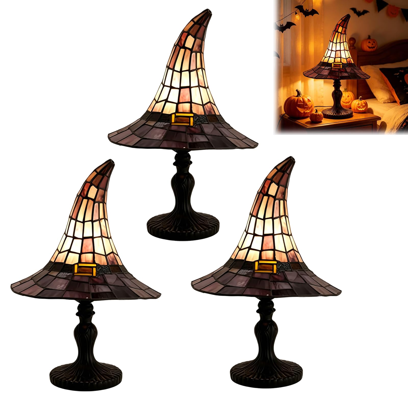 Fenydull Gothic Stained Glass Effect Witch Hat Lamp, Retro Resin Wizard Hat Night Light with USB, Mystical Halloween Home Decor Accent Table Lamp for Bedroom, Bookshelf & Living Room (3Pcs)
