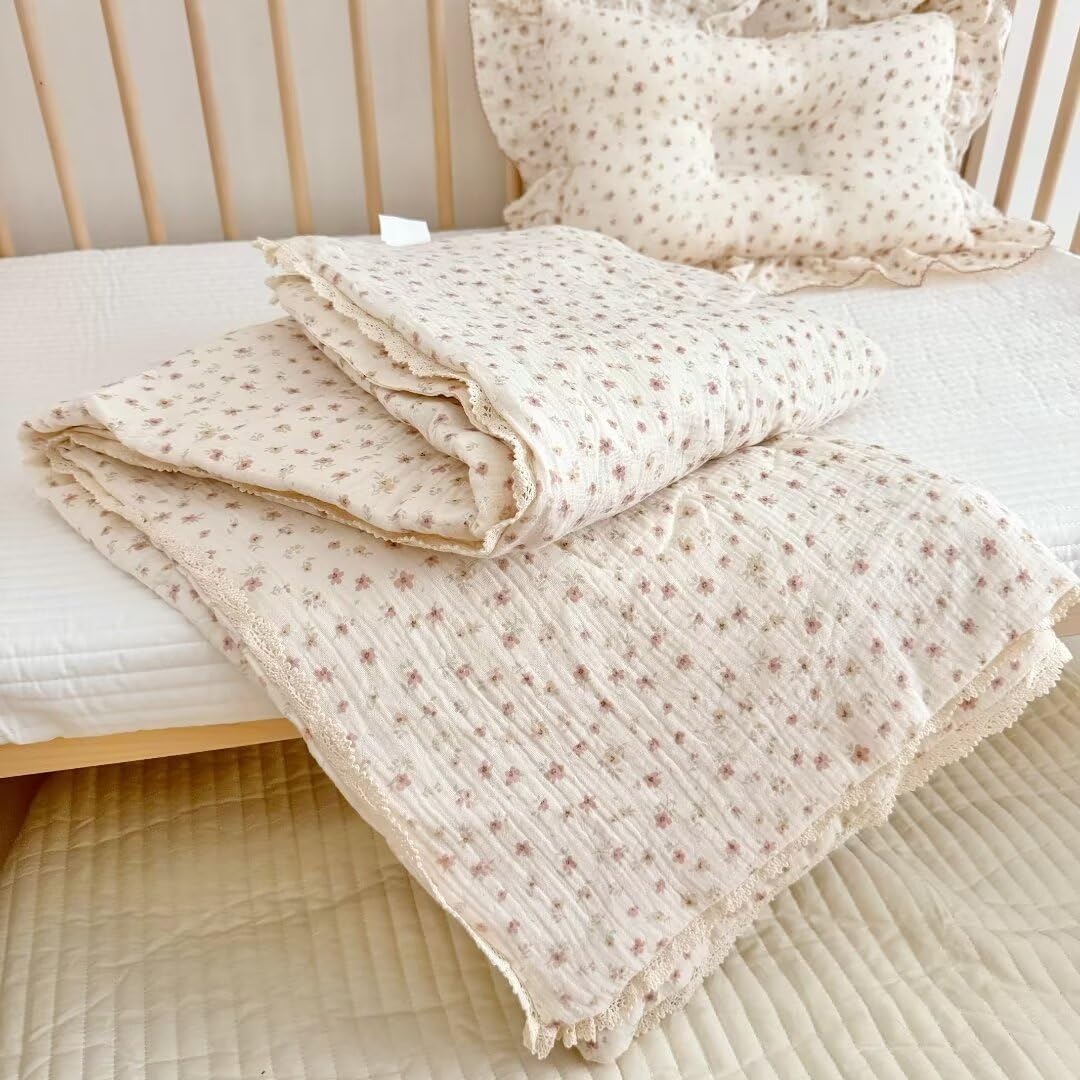 BuLuTu Muslin Quilt Blanket and Pillowcase for Twin Bed, Pink Floral Print