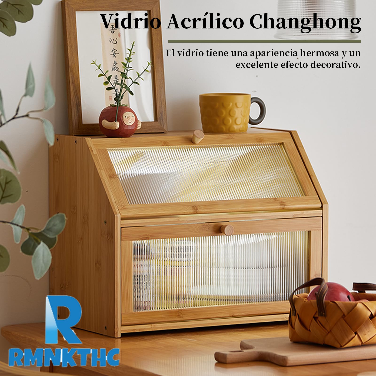 Panera de bambú de 2 Niveles – Recipiente para Pan con Puerta de acrílico y diseño de Escalera, Especias y Accesorios de Cocina, Caja de Almacenamiento ahorradora de Espacio para Cocina