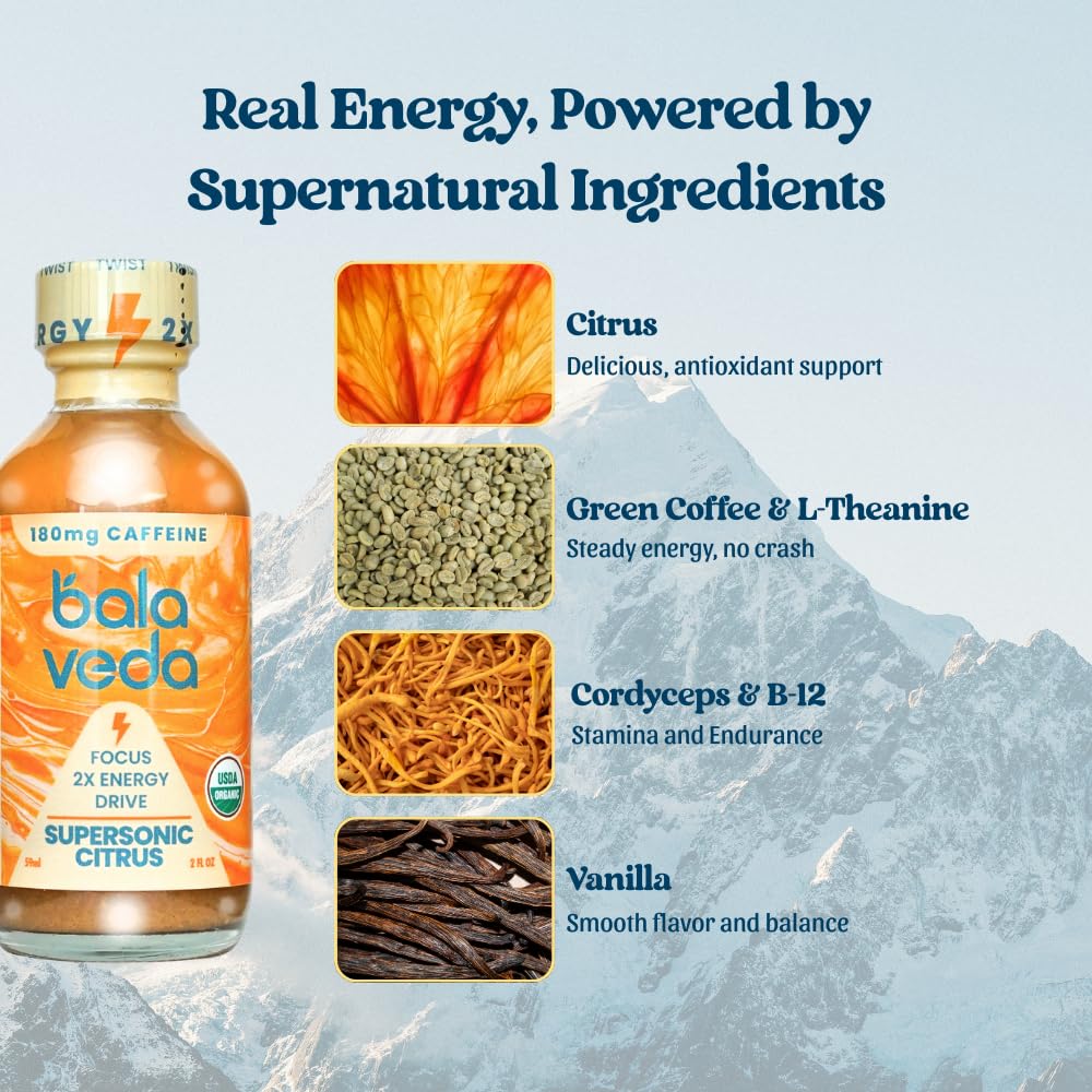 balaveda Supersonic Citrus USDA Organic Energy Shot – Orange Vanilla Flavor with 180mg Clean Caffeine, Cordyceps, L-Theanine, and Vitamin B12 – 2oz Bottles (Pack of 12)