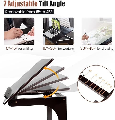Miniatura 7 de Mesa auxiliar de bambú para sofá, mesa de TV ajustable en forma de C con mesa ajustable de 7 ángulos y tapón, escritorio portátil para computadora,