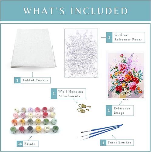 Miniatura 7 de Kit de pintura de flores por números para adultos, pintura acrílica fácil por números con pinceles, kit de manualidades para principiantes,