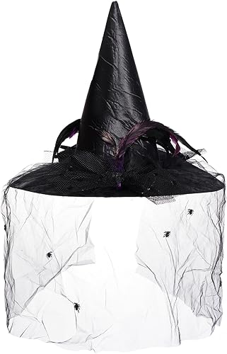 Bantoye Sombrero de bruja de Halloween para mujer, sombrero de bruja grande fruncido con plumas, arañas, cosplay, accesorios para la cabeza para
