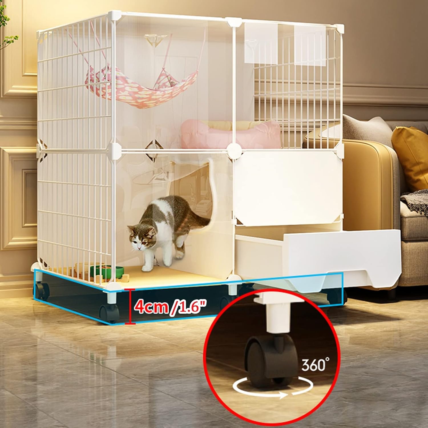 2-Tier Cat Crate & Cage, Indoor Cat Playpen with Detachable Metal Wire, Easy-Access Door & Casters - Perfect Kennel for Kittens & Adult Cats (Size: 112 * 47 * 11)