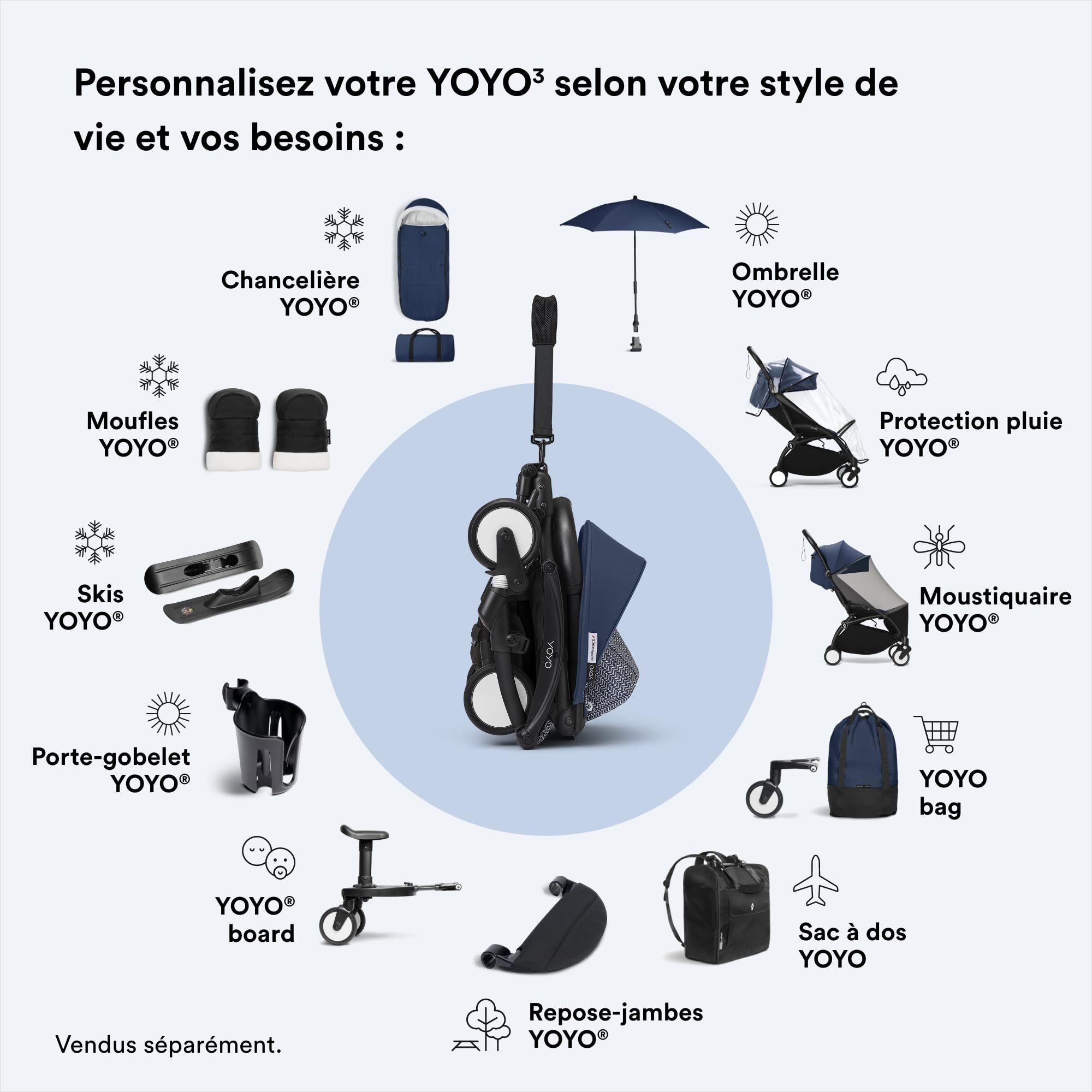 Poussette complète YOYO 3 châssis noir Pack 0+ et 6+ Bleu Air France - Stokke