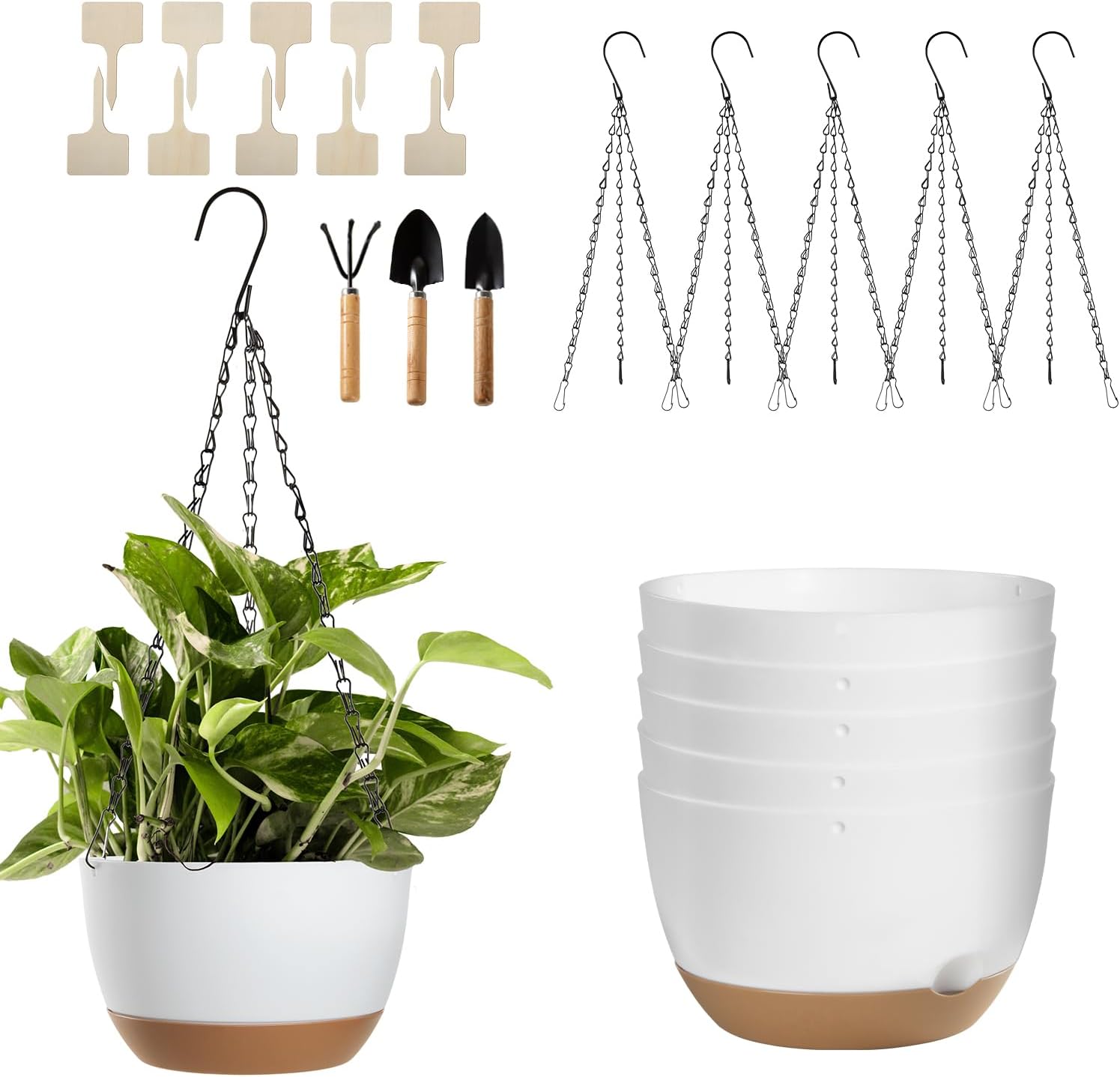Hanging Planters, Set of 5 White Hanging Pots, 8.3 Inch