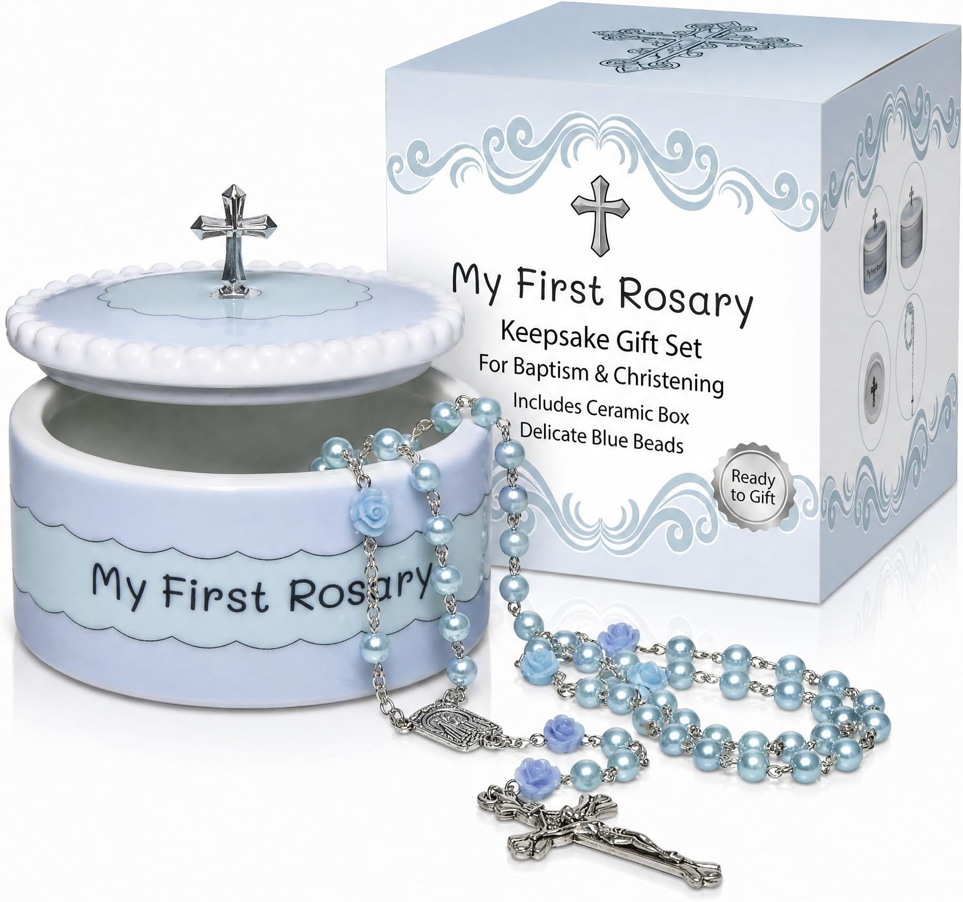 Blue My First Rosary and Keepsake Box, Catholic Baptism Gifts for Boys, Blessed First Communion Gifts for Boys or Girl Christening from Godparents
