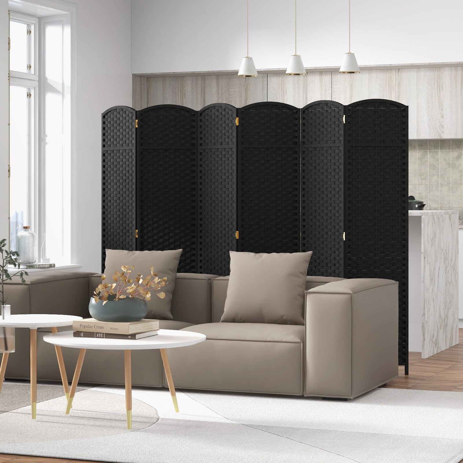 GOPLUS 6-częściowa ścianka działowa, składana ochrona przed wzrokiem, ręcznie tkana tekstura i rama z drewna sosnowego, parawan 170 cm, na balkon, do salonu i biura (czarny)
