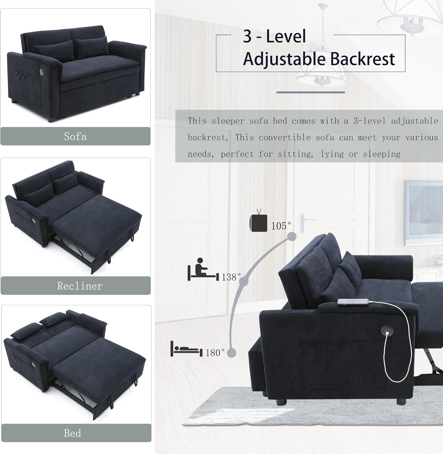 Diagram illustrating the three adjustable backrest positions (105°, 138°, 180°) of the Yilezena convertible sofa.
