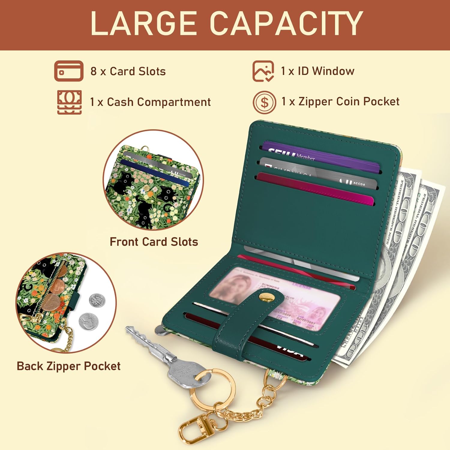 Black Cat Floral Rfid Women Wallet, Small Slim Thin Credit Card Wallet, PU Leather Bifold Cash Zipper Coin Pocket ID Window for Female Ladies Teen Girls Girly - Image 4