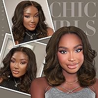 Vista 5 de FAVE Peluca corta ondulada de color marrón mixto, peluca de onda suelta de 14 pulgadas de longitud al hombro, peluca rizada estilo Bob, parte media