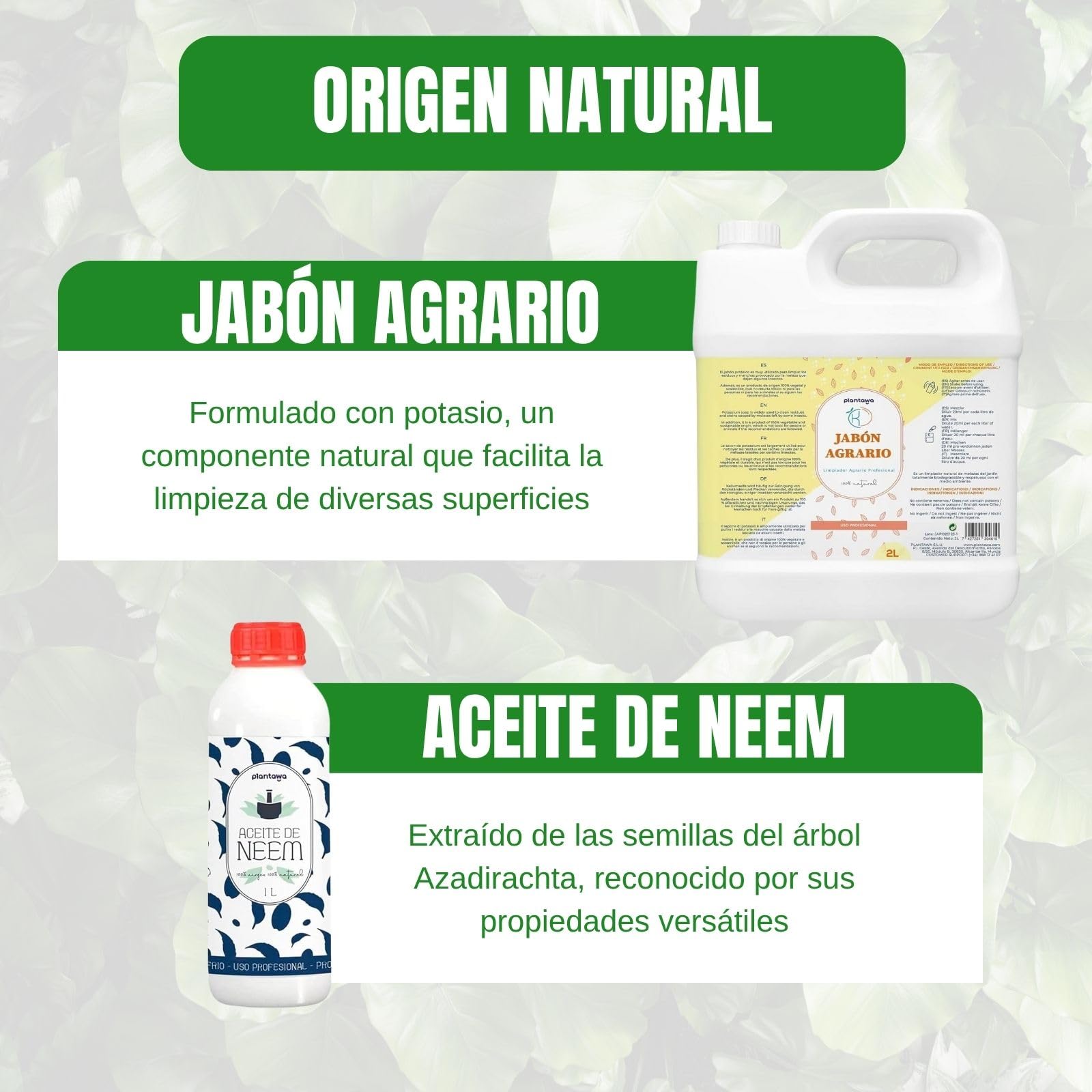 PLANTAWA Pack Ahorro Jabón Potásico 2L + Aceite de Neem 1L | Solución Multiusos | Fácil Aplicación y Máxima Eficacia | Versátil | Uso en Interior y Exterior | Productos de origen natural