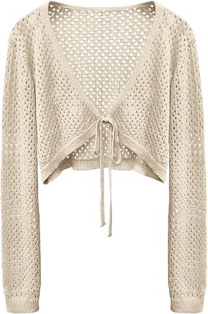 Womens Tie Front Cardigan Shrugs for Dresses Summer Lightweight Crop Top Knit Crochet Sweater Beach Cover Up