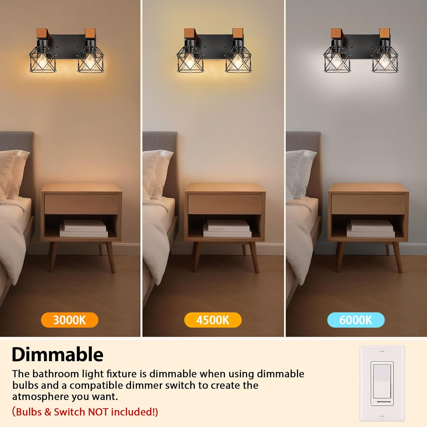 2-Light Farmhouse Bathroom Light Fixtures Over Mirror, Rustic Wood Vanity Lights for Bathroom, Vintage Black Sconces Wall Lighting with Metal Shade for Living Room, Cabinet, Hallway