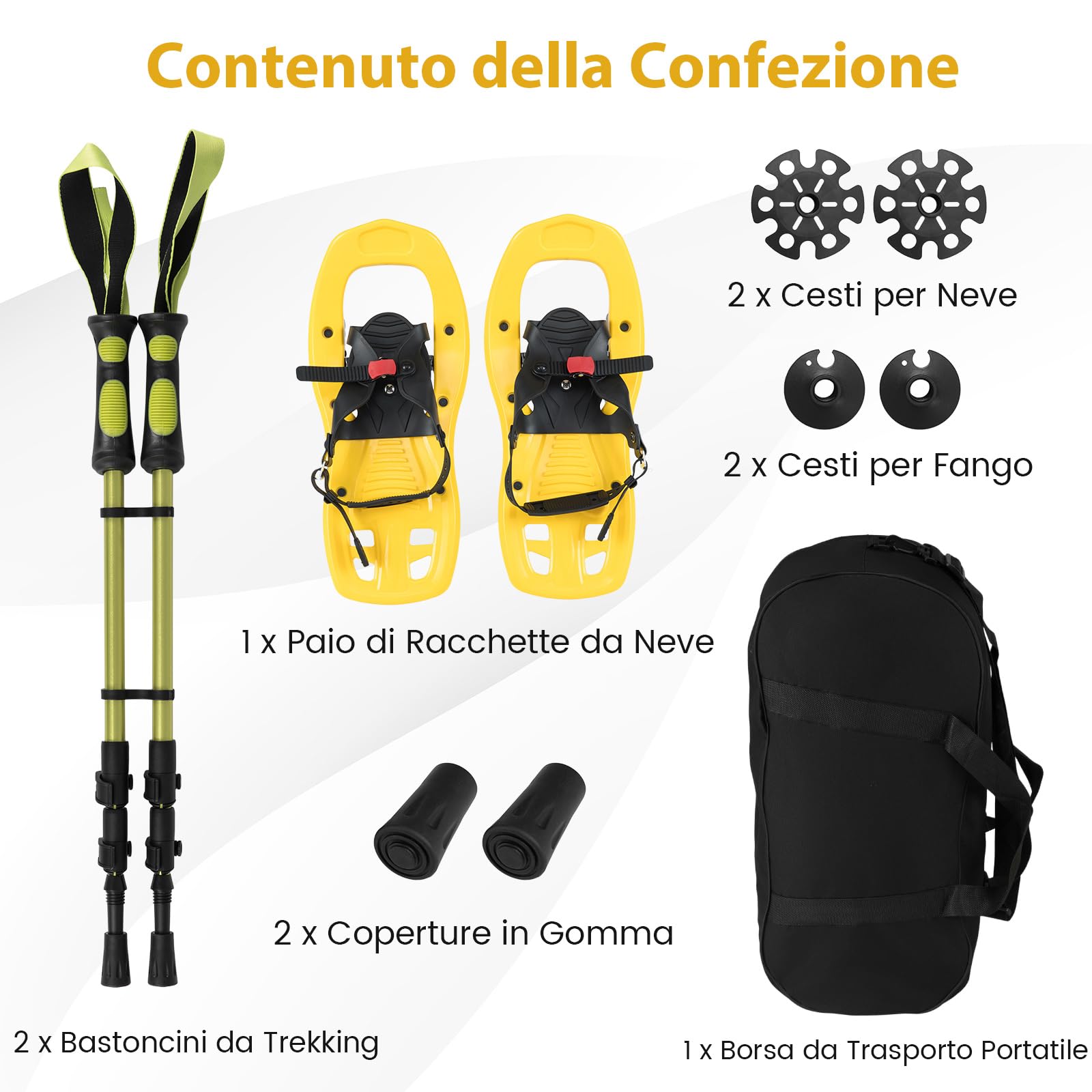 COSTWAY Racchette da Neve per Bambini 28-37, Bastoncini da Trekking Telescopici 51,5-100 cm con Punte in Tungsteno, Dischi Neve e Dischi Fango, Ciaspole da Neve con Legatura a Cricchetto e Borsa