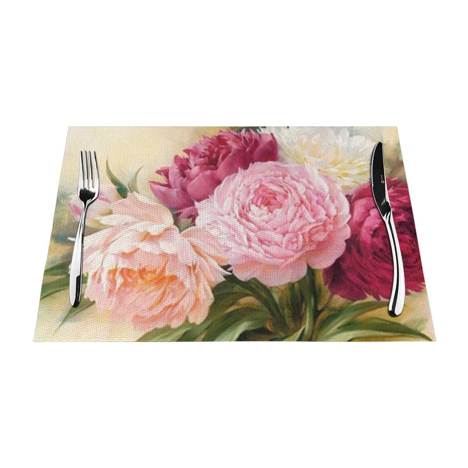 PVC Placemat Set of 1 PCS, 45x30 CM, peony flowers blossom Printed Non-Slip Heat Resistant Place Mats for Kitchen Dining Table Indoor Outdoor