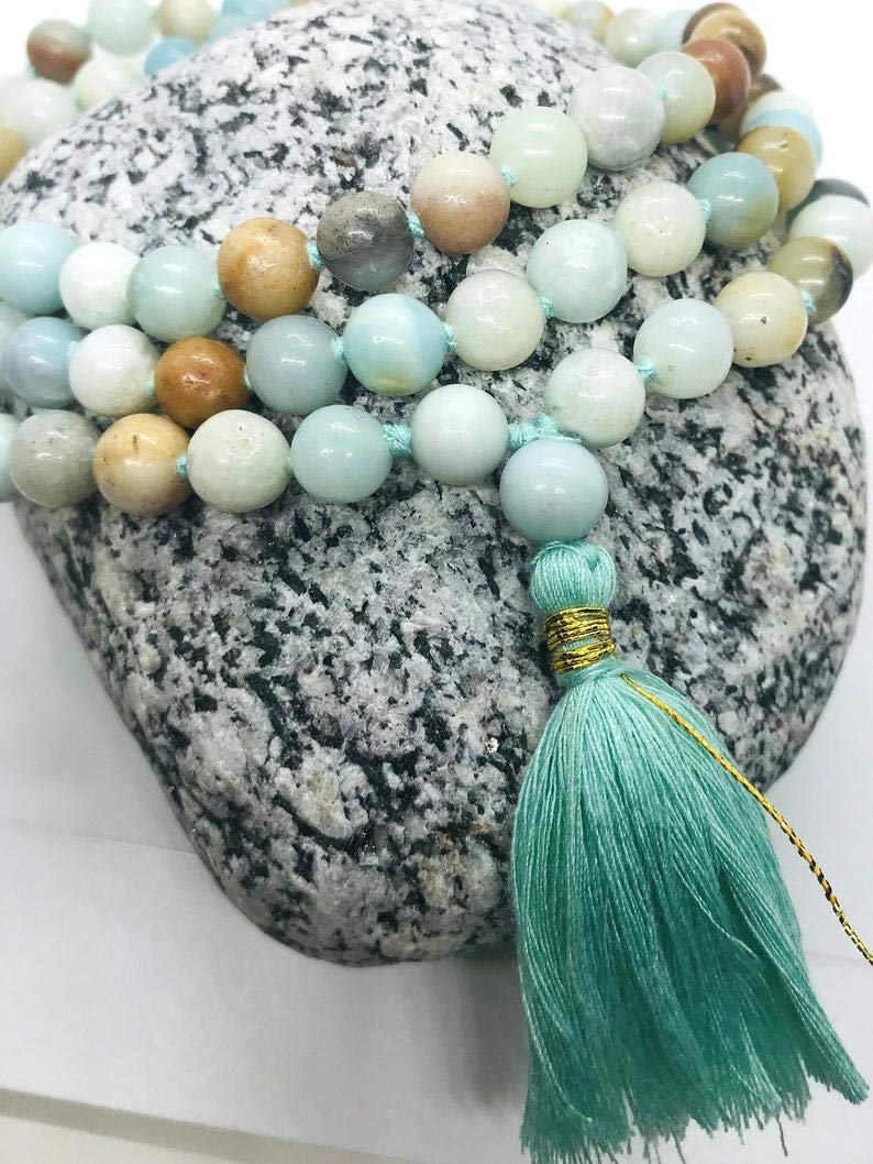 Collar de Mala Natural AAA Multi Amazonita 108 | Mala Multi Amazonita | Collar Mala con cuentas de oración 108 | Pulsera Mala anudada a mano | Japa Mala| Cuentas redondas de 8 mm
