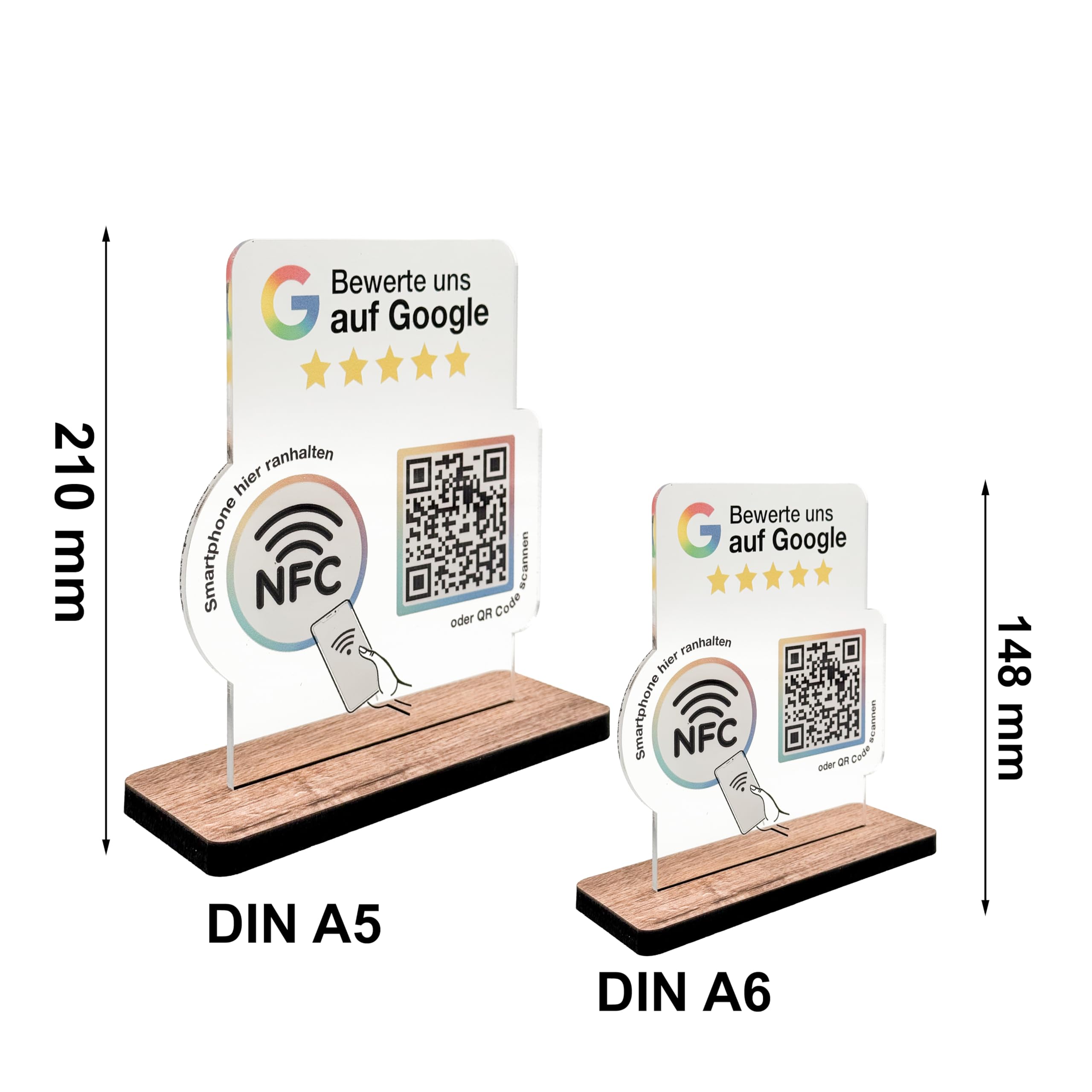 Aufsteller für google Bewertung NFC & QR-Code - Schild/Display für Bewertungen für Theke, Empfang, Praxis, Restaurant, Studio - Bewertungsaufsteller für Rezensionen/Review (transparent, V2 DIN A6)