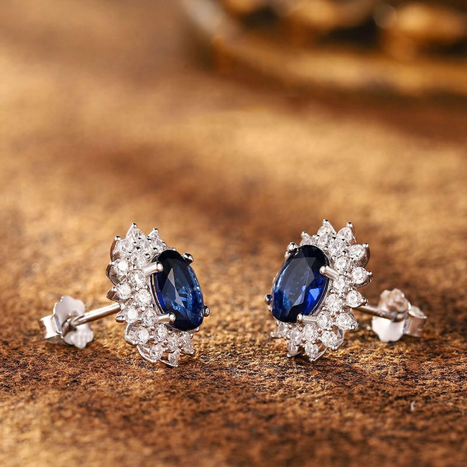 Ohrringe Weißgold 9K / 14K / 18 Karat Damen, Blume mit Oval mit Erstellter Saphir 1,85 Karat und Moissanit, Ohrringe Blau Silber für Hochzeit Frauen