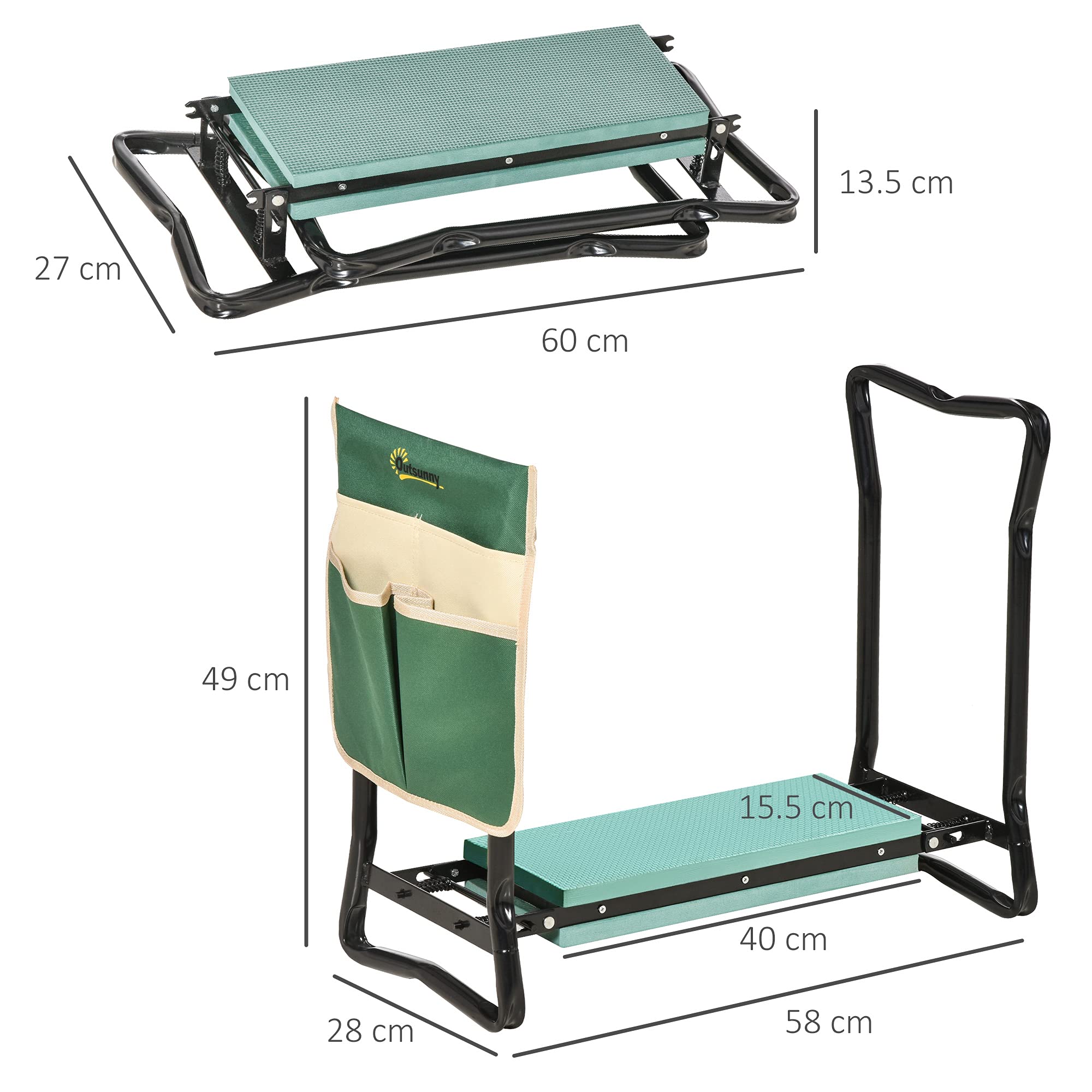 Outsunny 2 in 1 Garden Kneeler Seat, Kneeling Pad Support Bench, Foldable Knee Protector with Tool Bag, Green - Image 3