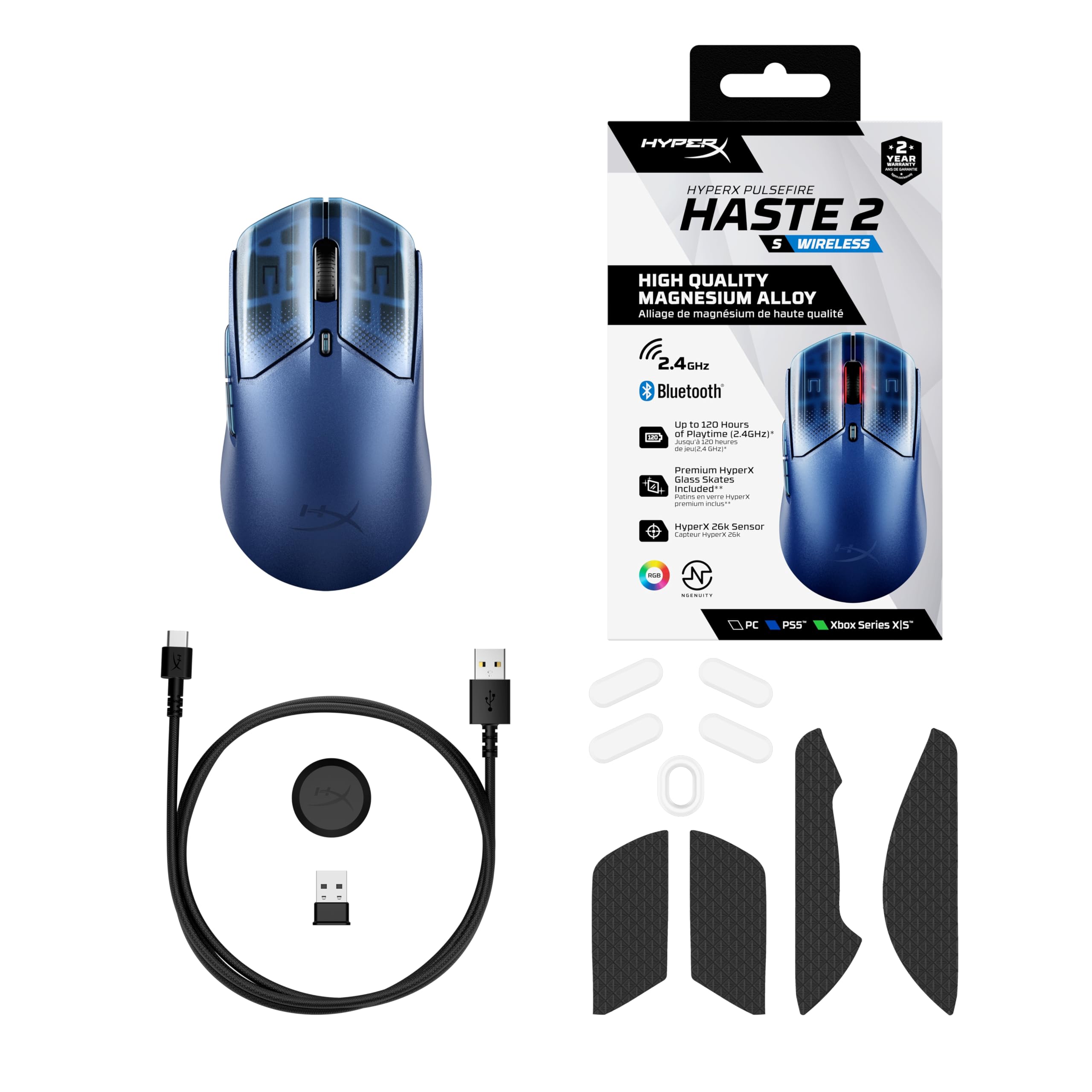 HyperX Pulsefire Haste 2 S Wireless, Souris Gaming sans Fil Ultra Légère 64 g, Coque en Alliage de Magnésium, Capteur HyperX 26K Jusqu’à 26 000 DPI, Autonomie Jusqu’à 120h, Patins en Verre, Bleu