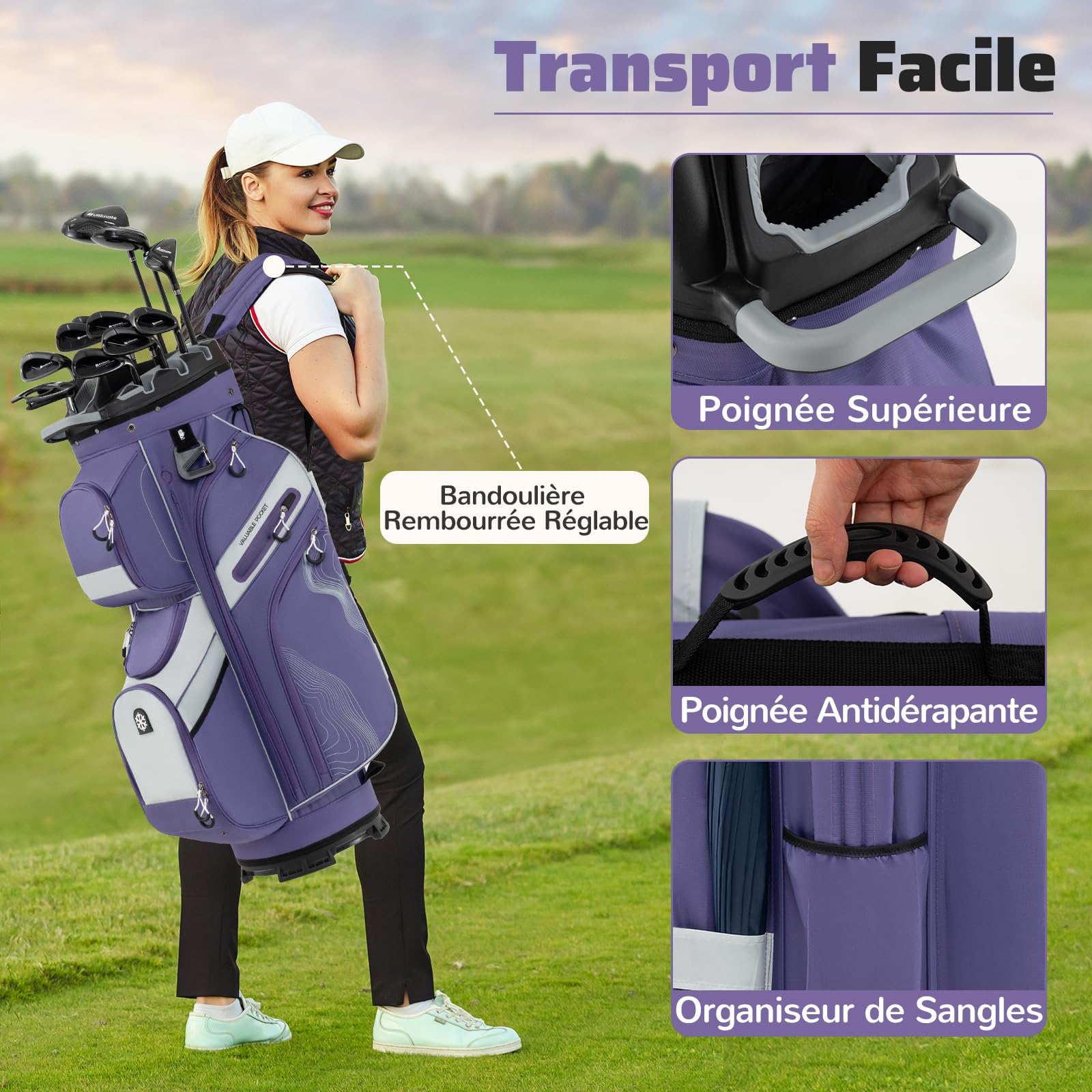 COSTWAY Sac de Golf avec 14 Compartiments, Sac de Club de Golf Portable avec Fermeture à Glissière 11 Poches Sac Isotherme Sangle Rembourrée Poignées Porte-Parapluie Housse de Pluie
