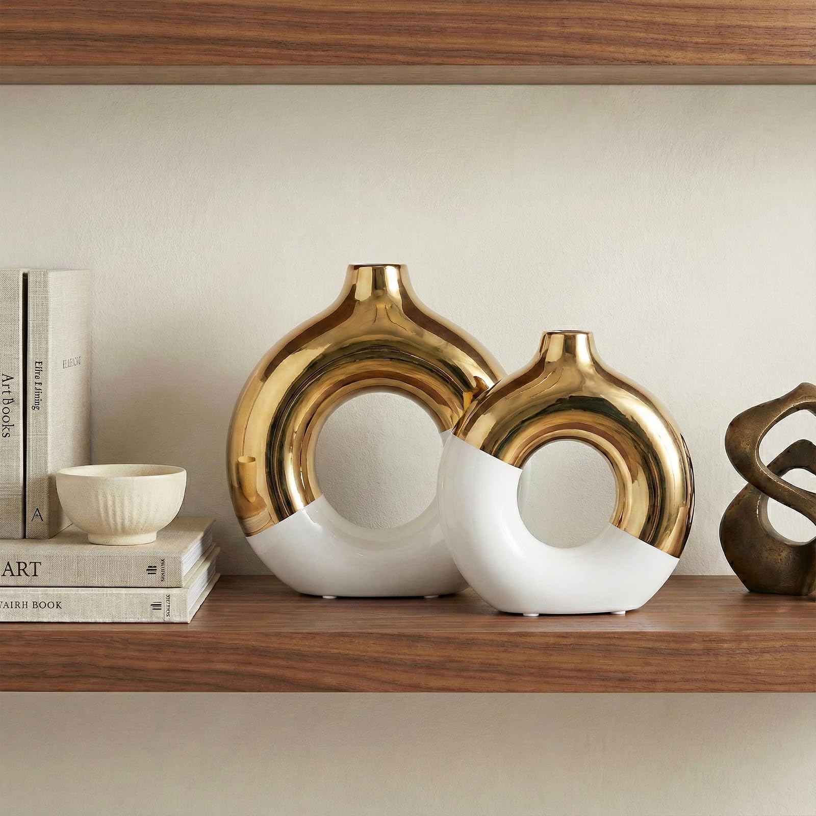 Set Vasi Bianchi e Oro in Ceramica - Vasi Moderni da Interno Design per Tavolo,Casa,Arredamento Nordico o Boho Vaso Decorativo Lucido per Decorazioni Stile Moderno, Perfetto per Arredamento Elegante