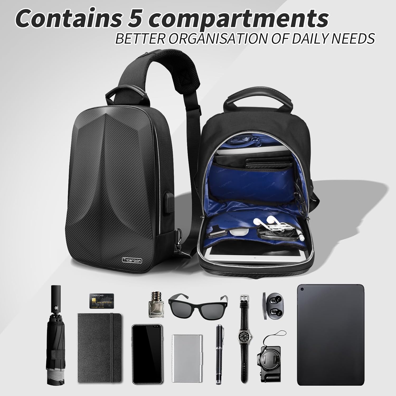 Carbon Fiber Sling Bag,Hard Shell Sling Backpack for Men,Anti-Theft Crossbody Backpack with USB Charging Port,Lockable,Waterproof,Single Strap Shoulder Pack for Travel Hiking