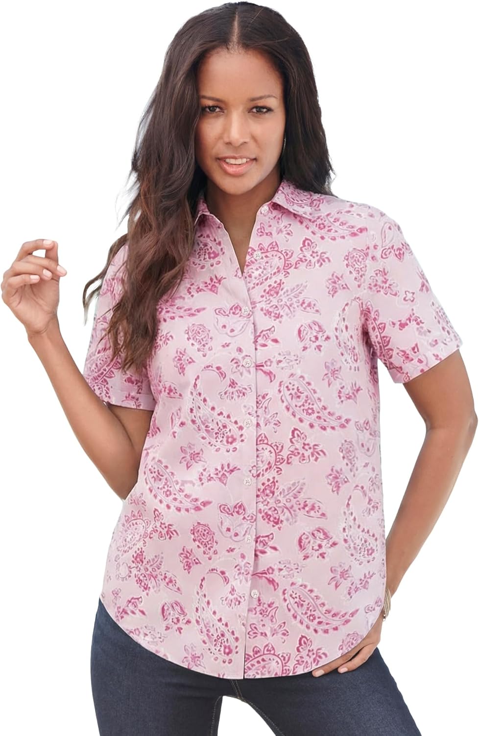 Roaman's Women's Plus Size Kate Short Sleeve Easy Cotton-Blend Button-Front Shirt