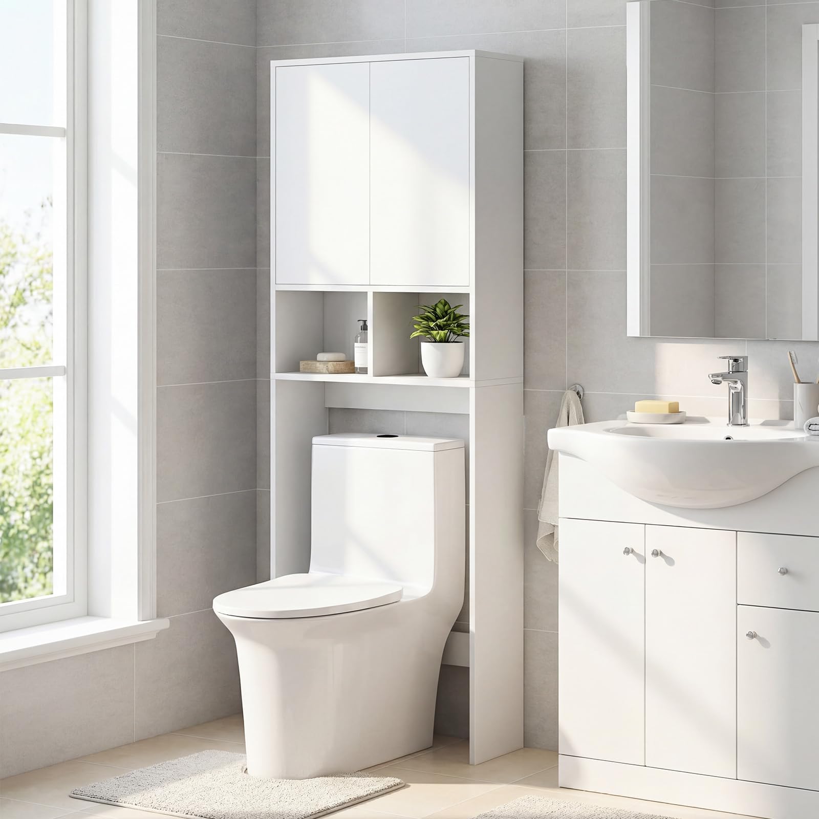 COSTWAY Armario de Almacenamiento sobre el Inodoro, Mueble Organizador de Baño con Puertas, 2 Compartimentos Abiertos, Estante Ajustable, Gabinete Estantería Ahorro de Espacio para Lavandería, Blanco