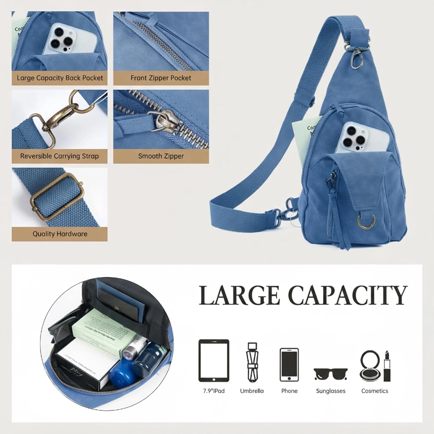 FaroDor Women Small Crossbody Sling Bags PU Leather Suede Chest Bag Lightweight Small Backpack for Casual Traveling Multi-Pocket Packs (Blue) - Image 3