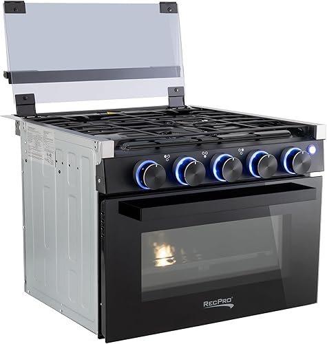 RecPro Estufa RV Acabado Negro  Cocina de gas de 17 pulgadas de alto  6500 y 8000 BTU Tres quemadores  Horno de 7100 BTU con capacidad de 1.24 pies