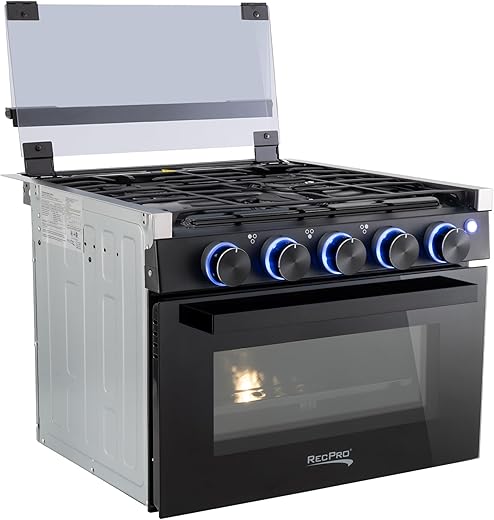 RecPro RV Stove Black Finish | Gas Range 17" Tall | 6500 and 8000 BTU Three Burner | 7100 BTU Oven with 1.24 Cu. Ft. Capacity | Optional Range Hood