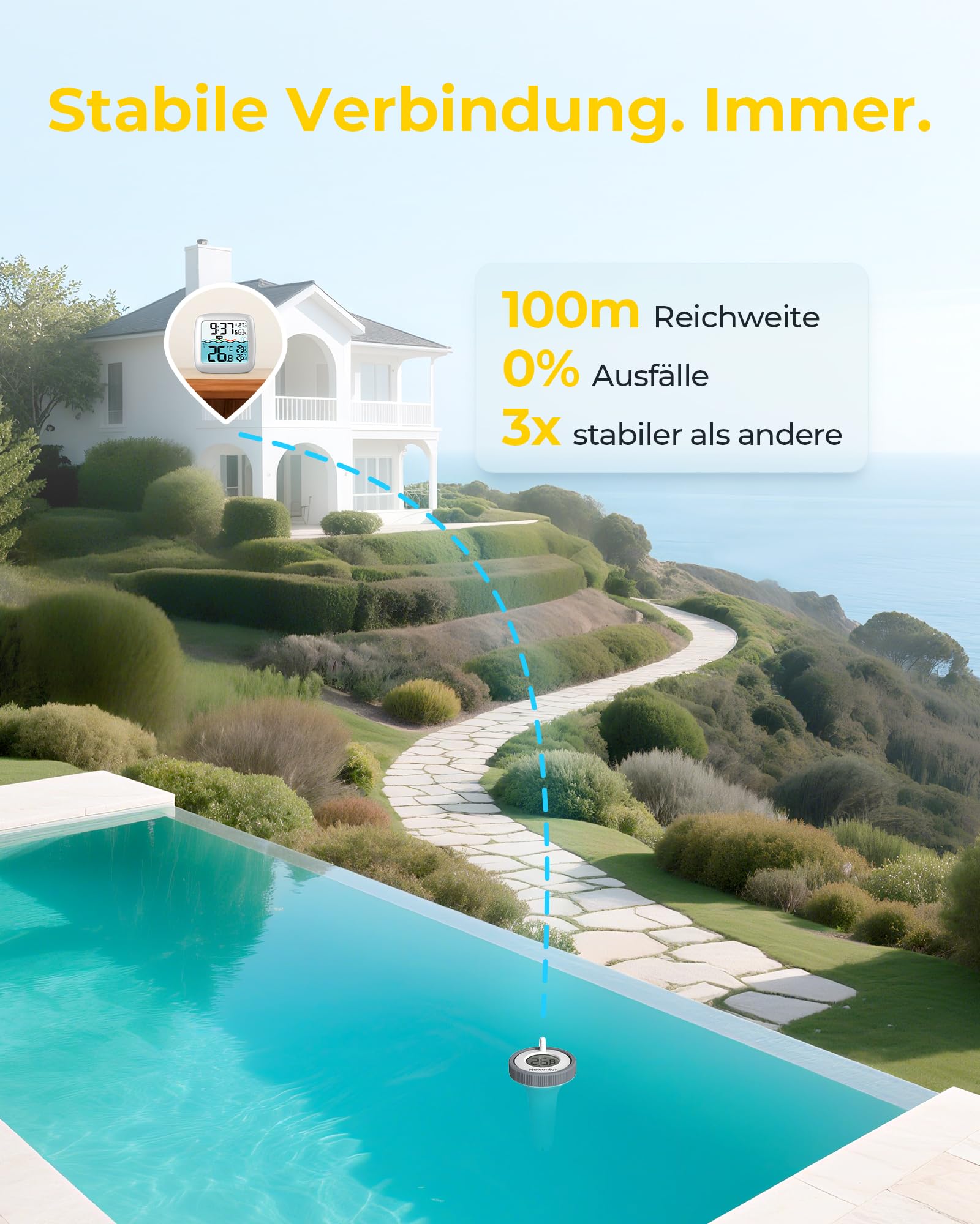 Newentor Funk Poolthermometer - 4-fach Wasserdicht - Antennen-Turbo durchdringt Wände für 100m Reichweite - Schwimmend Wasserthermometer, Perlweiß mit Basisstation