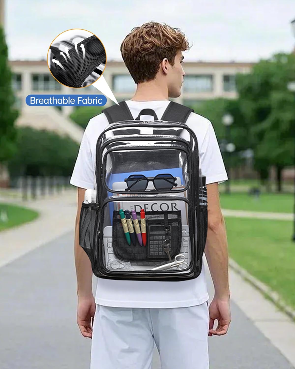 BAVERGE Clear Backpack Heavy Duty -18 Inch Extra Large Bookbag 3 Front Pockets and Lock for Stadium Events, Travel, Work, College, Black