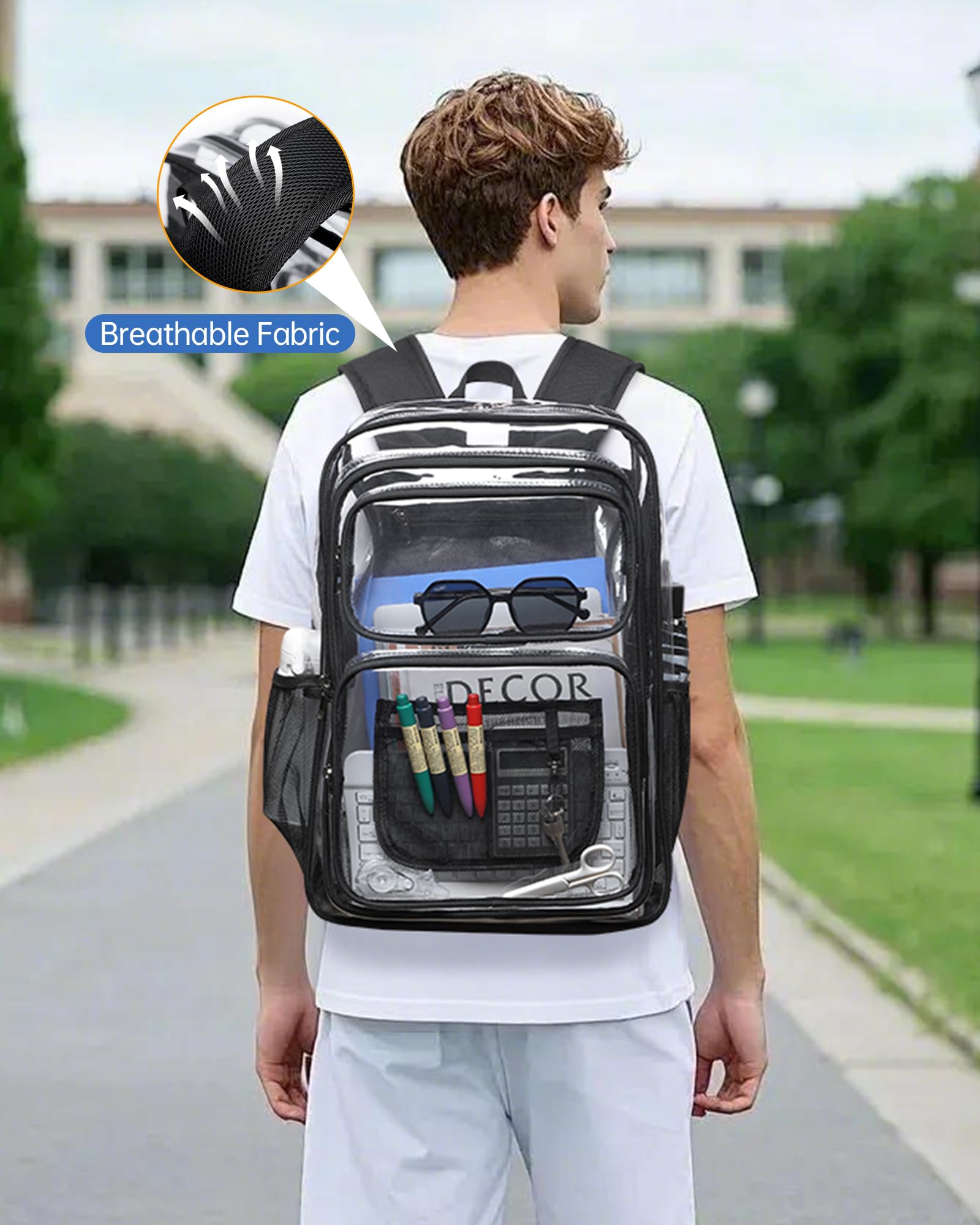 BAVERGE Transparenter Rucksack, strapazierfähig, 45,7 cm, extra große Büchertasche, 3 Vordertaschen und Schloss, für Stadionveranstaltungen, Reisen, Arbeit, Schwarz