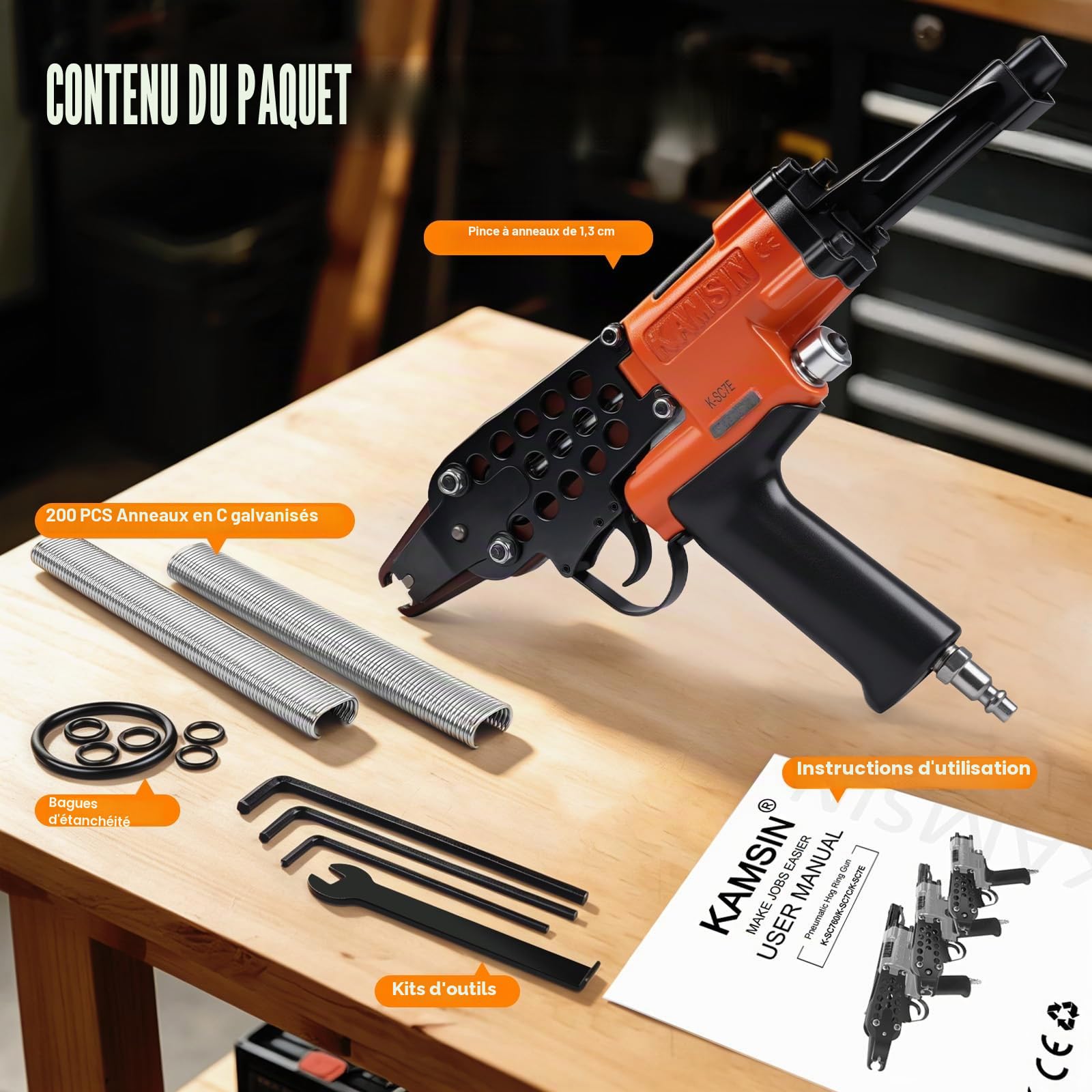 KAMSIN K-SC7E 15GA pince à C pneumatique long bec pour gabions | Couronne 19mm, fermeture 7mm, bec allongé pour espaces étroits, qualité industrielle 15GA, pour cages, clôtures et sièges