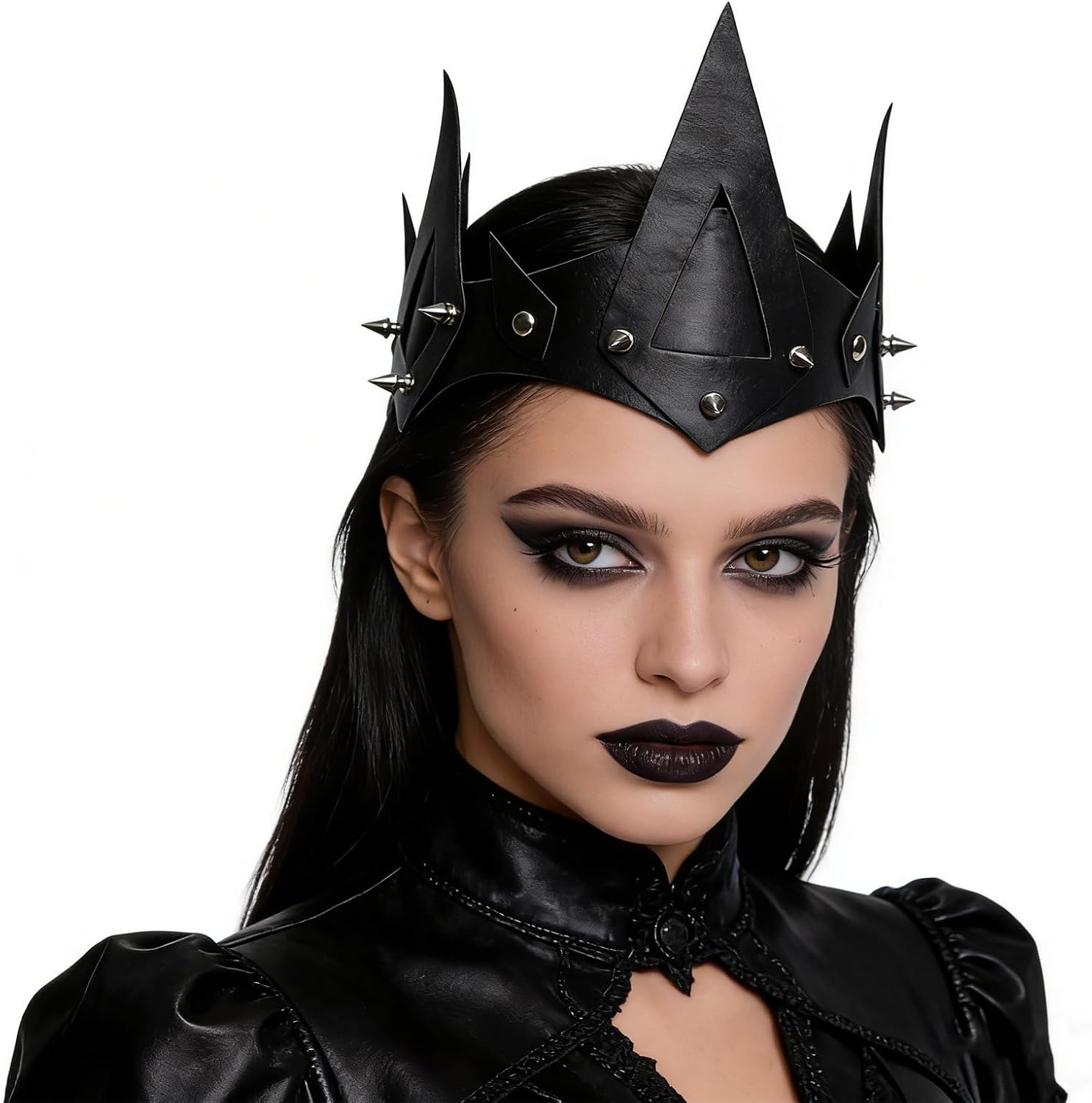 TINAYAUE Gothic Leather Crown Headband Cosplay Costume Headdress Adjustable Headpiece for Halloween Masquerade Carnival Party