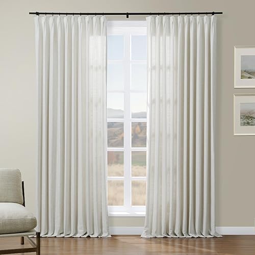 Drapifytex Faux Linen Pinch Pleated Curtain, Room Darkening Bedroom Drapery Curtain, 56 Inches Width by 96 Inches Length Beige White Curtain for Living Room Sliding Glass Door, 1 Panel