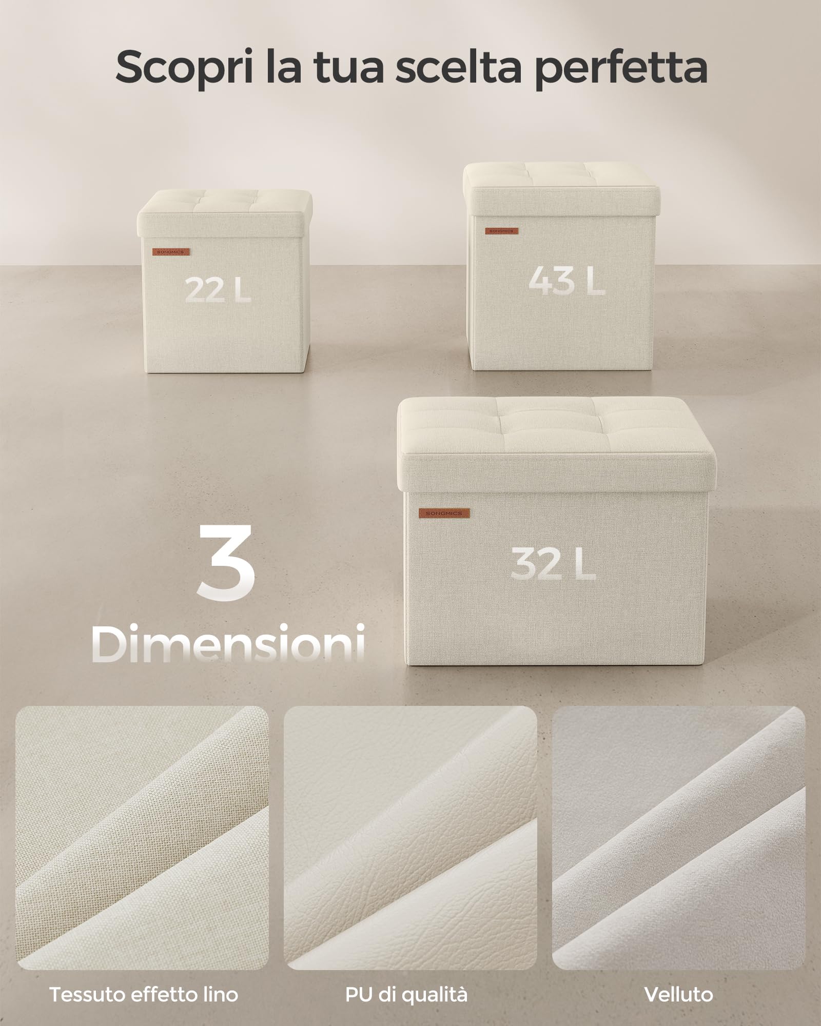SONGMICS Cassapanca, Pouf Contenitore, Poggiapiedi Pieghevole da 30 x 30 cm, Ottomano con Stoccaggio, Regge fino a 130 kg, per Soggiorno, Camera da Letto, Dormitorio, Bianco Crema LSF028W01