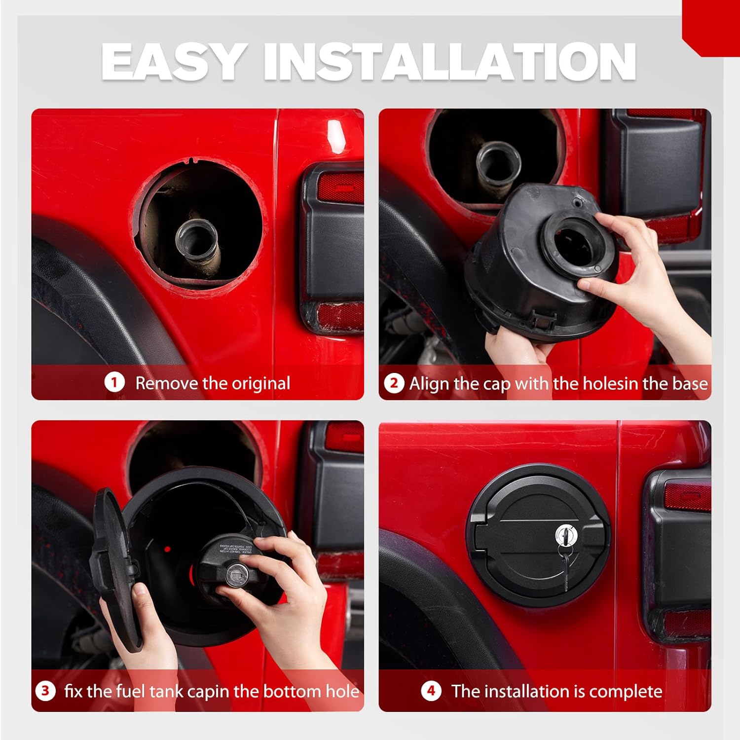 FieryRed Aluminum Gas Cap Cover with Lock, Fuel Filler Door Locking Gas Tank Cap Cover Compatible with Wrangler 2018-2024 JL/JLU & Unlimited, Black