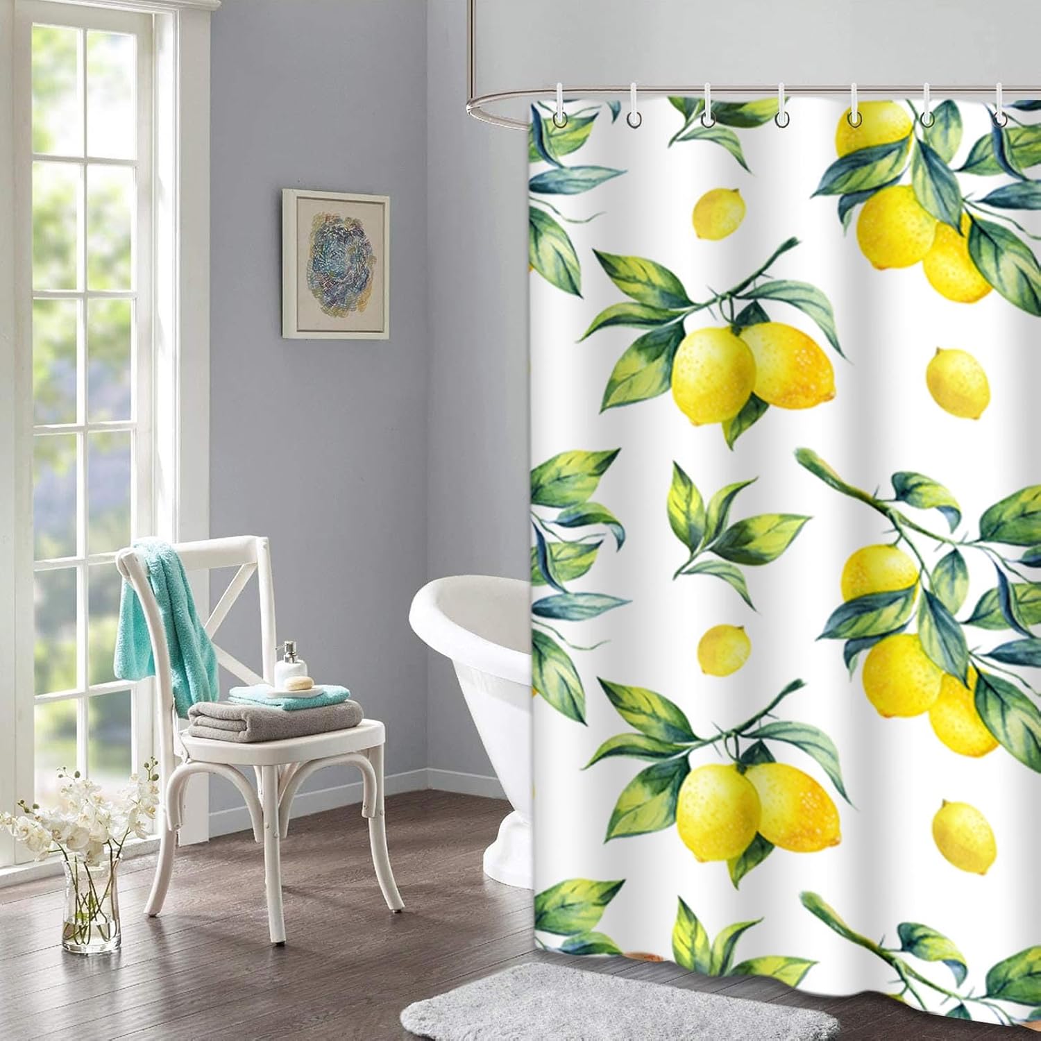 Shower Curtain 72" x 72" Watercolor Fruit Lemon Pattern | White Colorful Tree Botanical Waterproof Polyester Fabric Shower Curtains Set with Hooks