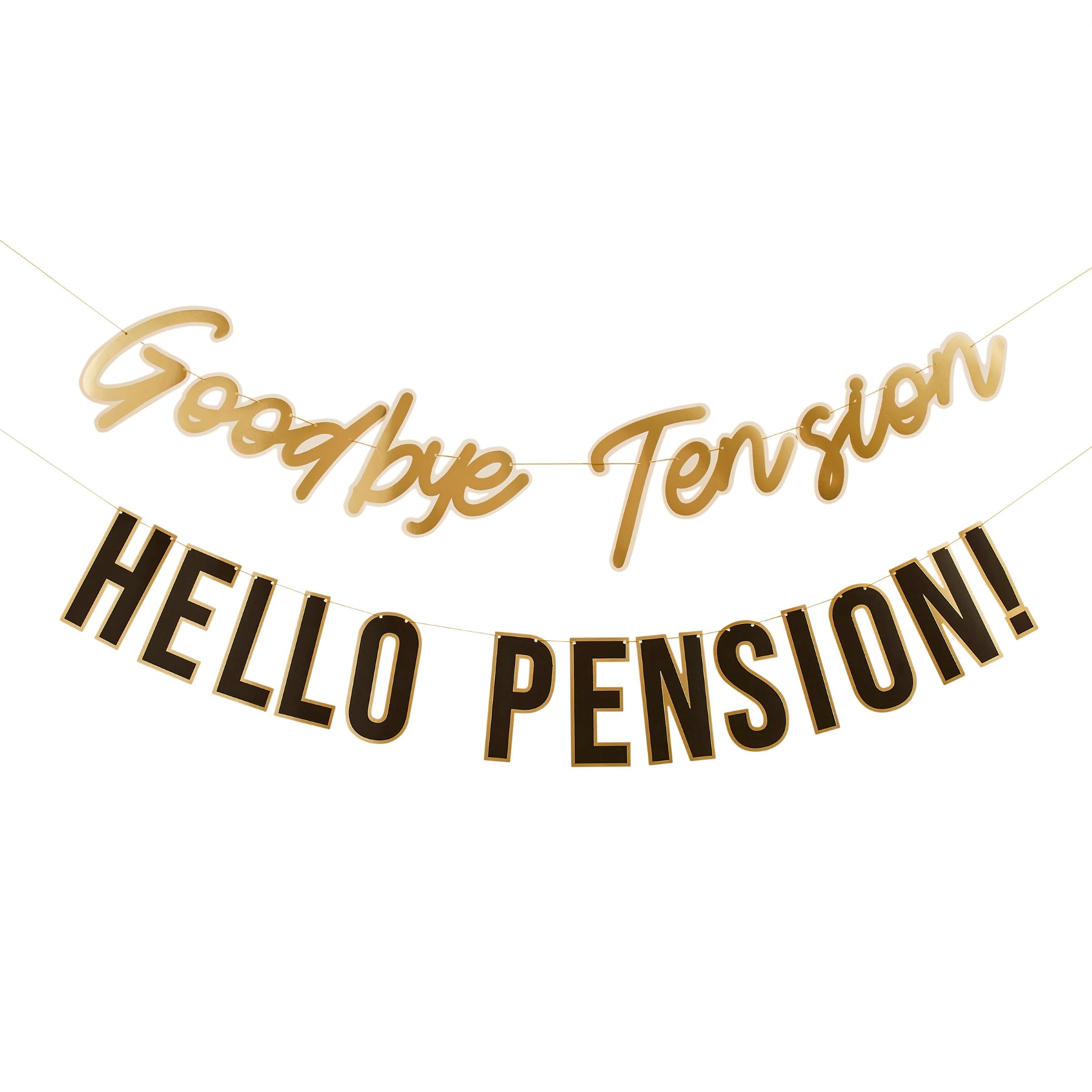 Goodbye Tension Hello Pension Card Banner, 2 Pack, 2m Retirement Party Decoration, Hanging Banner for Retirement Celebration